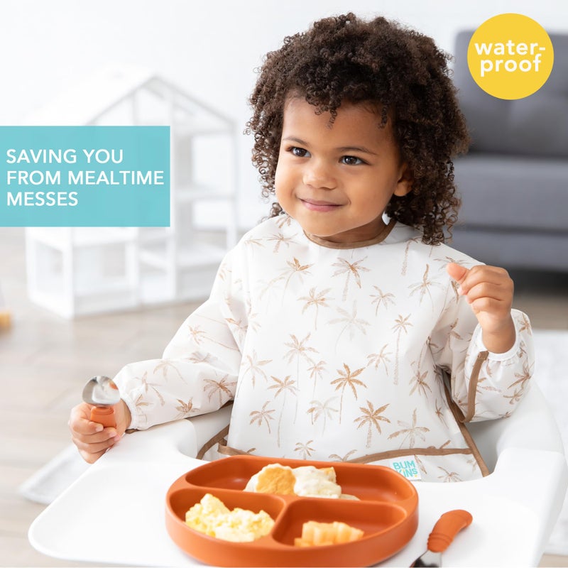 Bumkins - Sleeved Bib - For Boys & Girls, Babies & Toddlers 6-24 Months - Lightweight, Durable, Waterproof - Long Sleeve Bib - Catch-All Pocket - Wipeable & Machine Washable - Checks & Palms - 2 Pack - Image 2