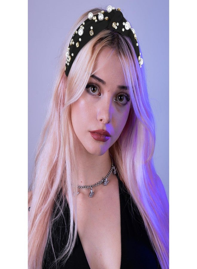 Uintoon Black Headband for Women Pearl Knotted Headband Sparkly Rhinestone Pearls Top Knotted Headbands Fashion Accessories Cute Hair Bands for Women Girls - Image 2