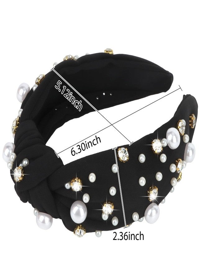 Uintoon Black Headband for Women Pearl Knotted Headband Sparkly Rhinestone Pearls Top Knotted Headbands Fashion Accessories Cute Hair Bands for Women Girls - Image 3