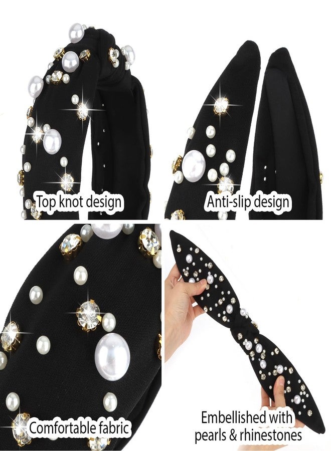 Uintoon Black Headband for Women Pearl Knotted Headband Sparkly Rhinestone Pearls Top Knotted Headbands Fashion Accessories Cute Hair Bands for Women Girls - Image 4
