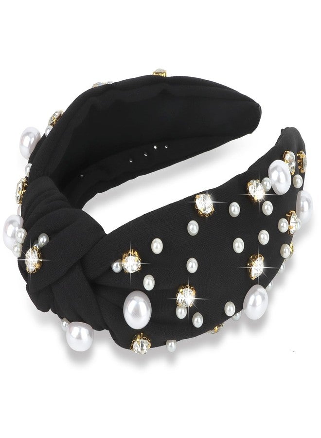 Uintoon Black Headband for Women Pearl Knotted Headband Sparkly Rhinestone Pearls Top Knotted Headbands Fashion Accessories Cute Hair Bands for Women Girls - Image 1