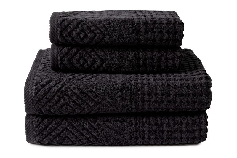 Texere 100 Organic Cotton Diamond Jacquard 700 GSM Luxury Bath Towel Sets Ultra Soft and Absorbent Hotel and Spa Quality Diamond Black 2 Bath 2 Hand Towels