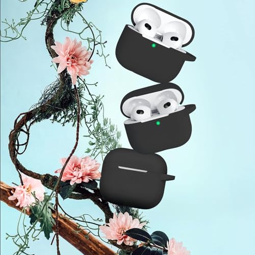 OJOS Case AirPods 3 Cover, Silicone Protective Accessories Skin with Keychain Compatible with Apple AirPod 3rd Generation 2021, Front LED Visible- Black - Image 3