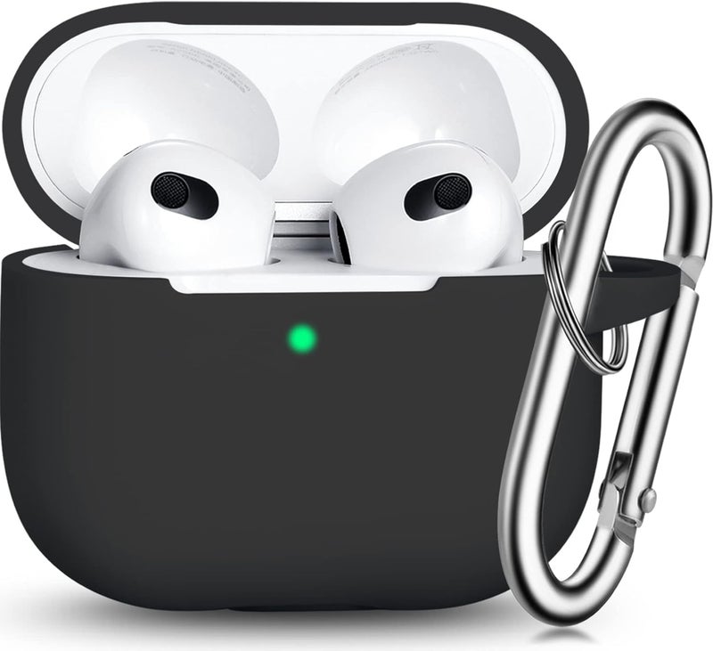 OJOS Case AirPods 3 Cover, Silicone Protective Accessories Skin with Keychain Compatible with Apple AirPod 3rd Generation 2021, Front LED Visible- Black - Image 1