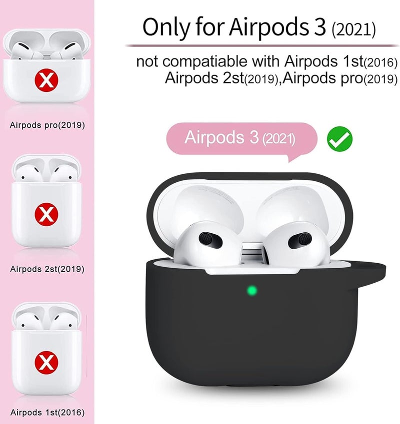 OJOS Case AirPods 3 Cover, Silicone Protective Accessories Skin with Keychain Compatible with Apple AirPod 3rd Generation 2021, Front LED Visible- Black - Image 2