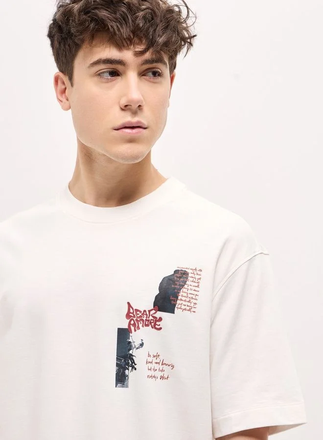 THE BEAR HOUSE Men's White Oversize Graphic Printed Crew Neck T-shirt Perfect For Casual Wear, Gym, Travel, Or Layering Stylish And Versatile Essential For Every Wardrobe
