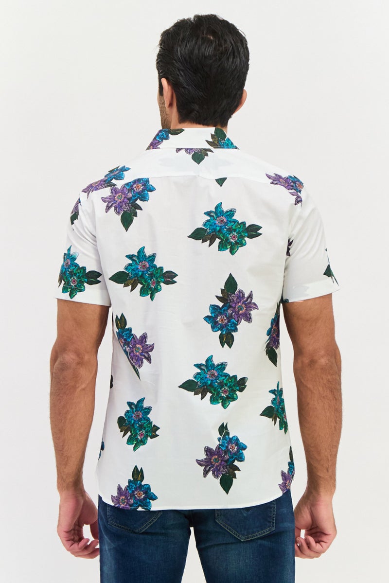 PERRY ELLIS قميص رجالي بقصة مريحة بأكمام قصيرة مطبوع بالكامل، مجموعة بيضاء - Image 3