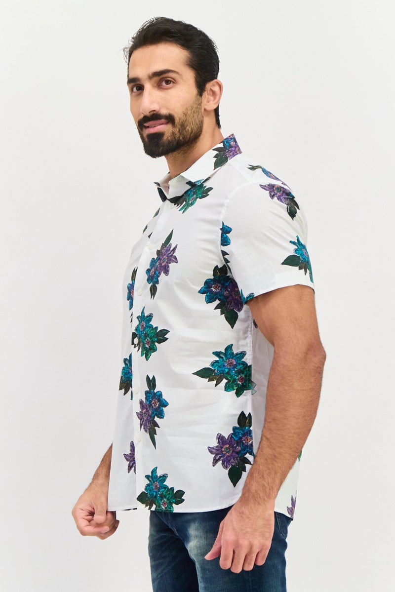 PERRY ELLIS قميص رجالي بقصة مريحة بأكمام قصيرة مطبوع بالكامل، مجموعة بيضاء - Image 2