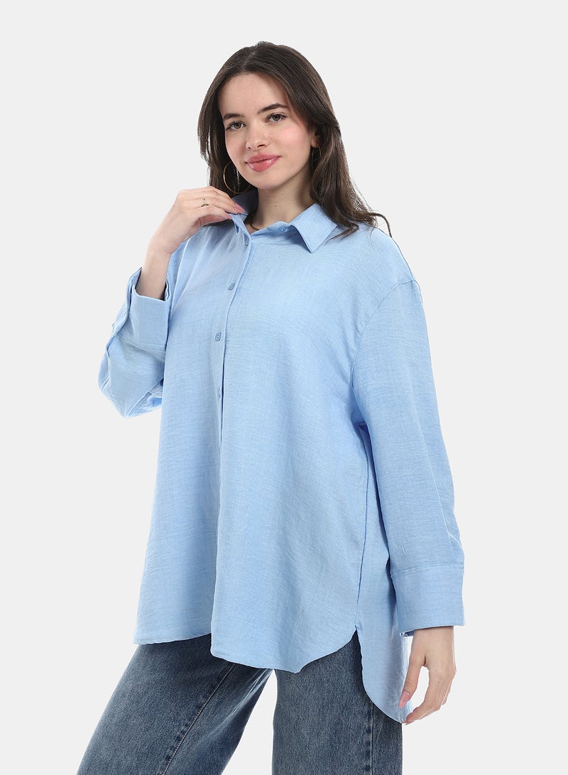 Andora Turned down Collar Long Sleeve Blouse - Light Blue - Image 2
