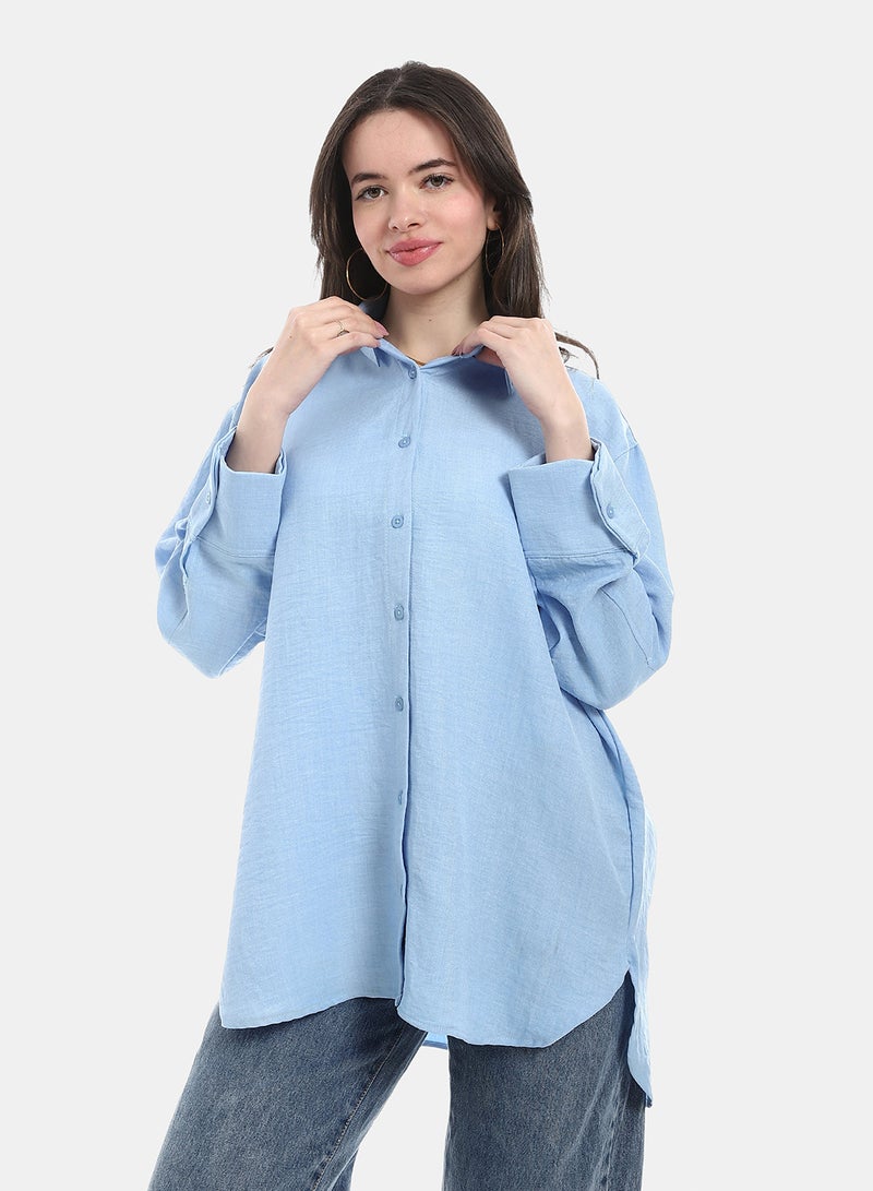Andora Turned down Collar Long Sleeve Blouse - Light Blue - Image 1