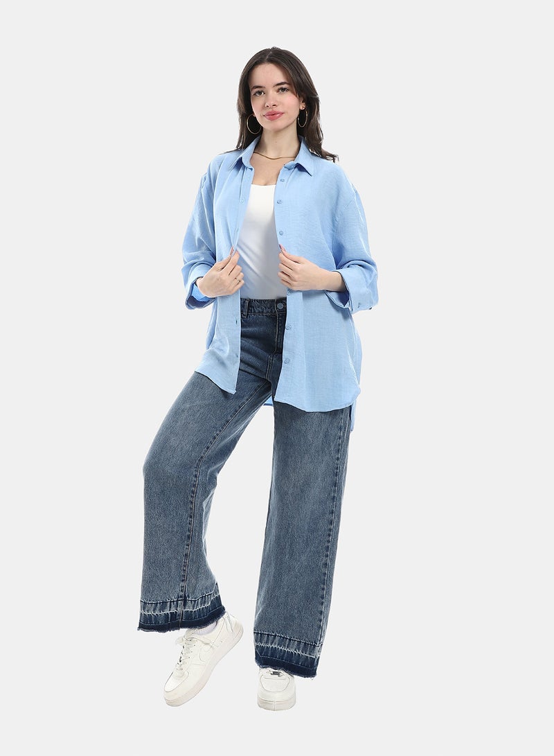 Andora Turned down Collar Long Sleeve Blouse - Light Blue - Image 3