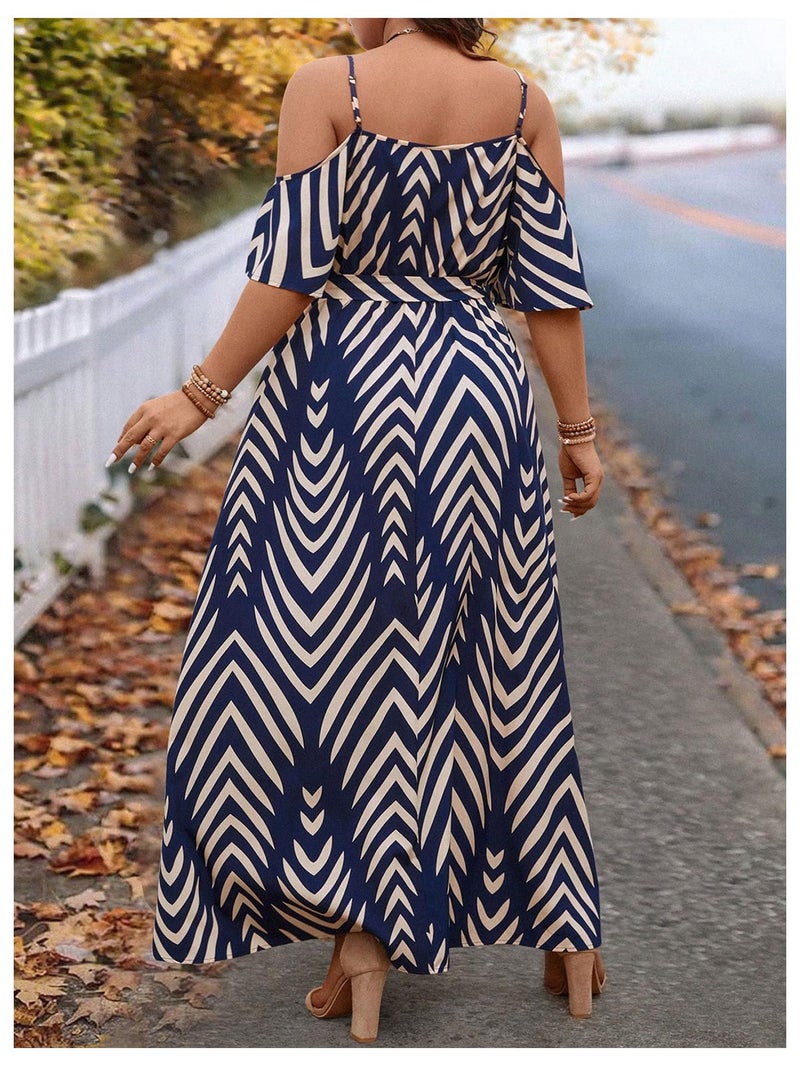 Floerns Women's Plus Size Cold Shoulder Short Sleeve Split Thigh Long Dress Dark Blue Large Plus - Image 2