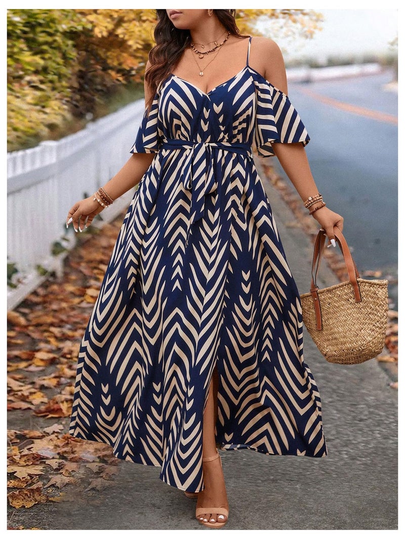 Floerns Women's Plus Size Cold Shoulder Short Sleeve Split Thigh Long Dress Dark Blue Large Plus - Image 3