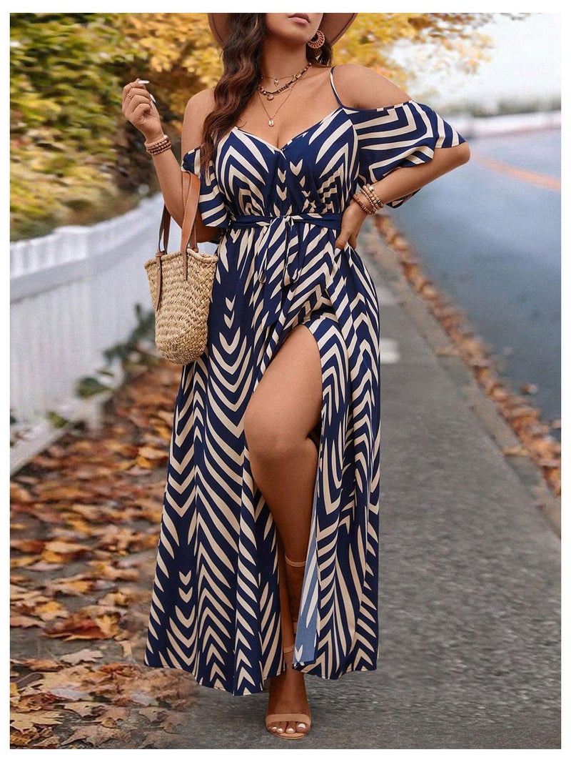 Floerns Women's Plus Size Cold Shoulder Short Sleeve Split Thigh Long Dress Dark Blue Large Plus - Image 4