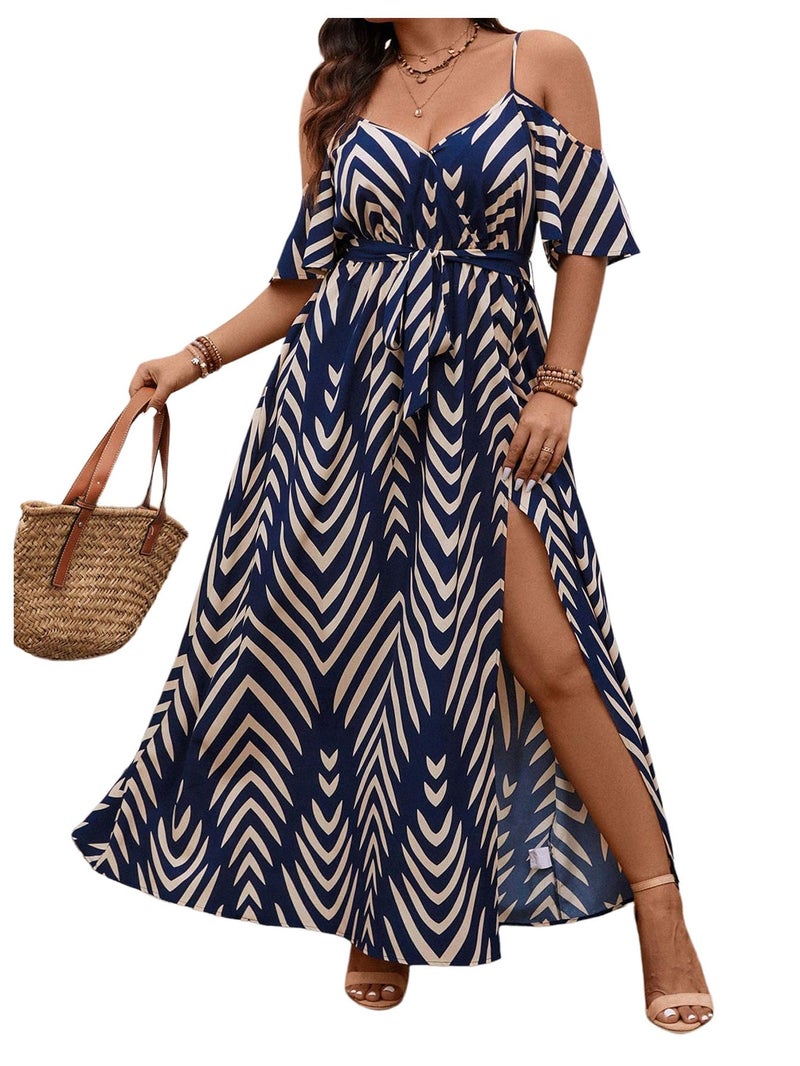 Floerns Women's Plus Size Cold Shoulder Short Sleeve Split Thigh Long Dress Dark Blue Large Plus - Image 1