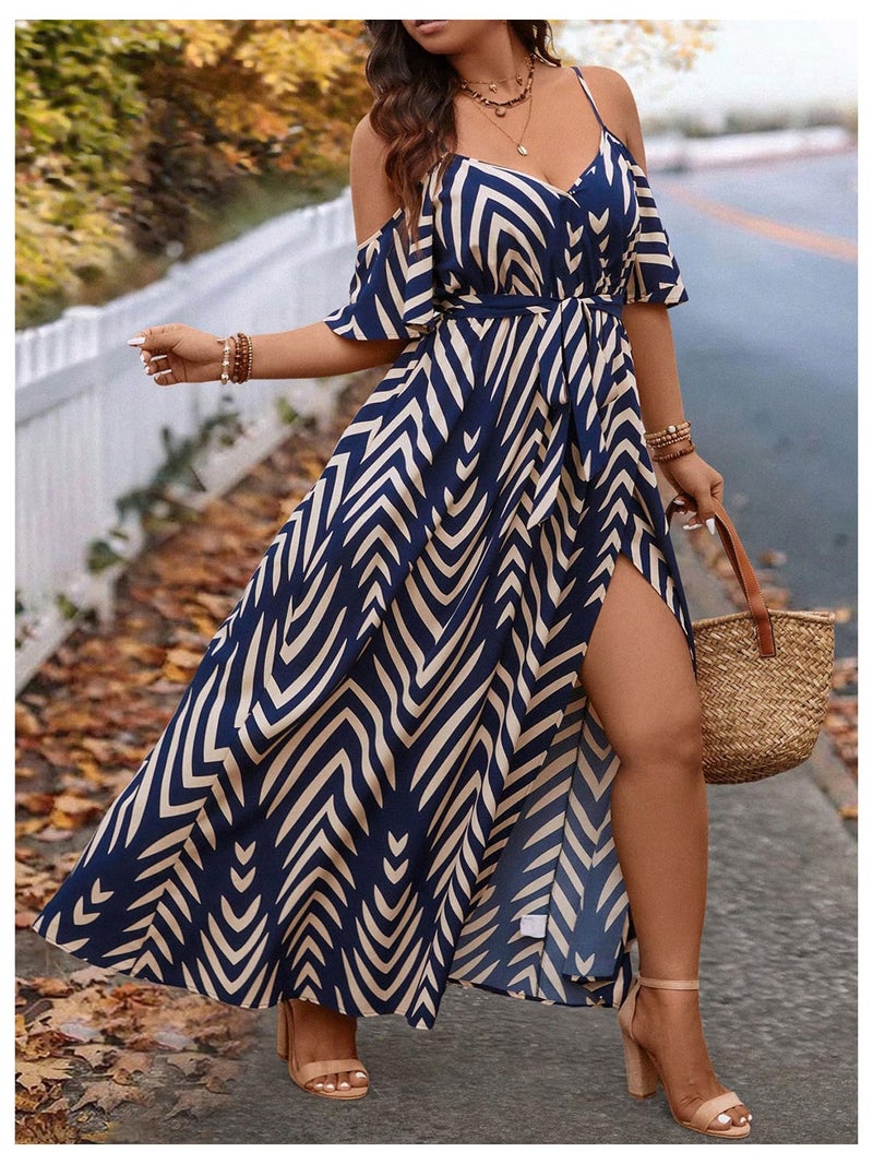 Floerns Women's Plus Size Cold Shoulder Short Sleeve Split Thigh Long Dress Dark Blue Large Plus - Image 5