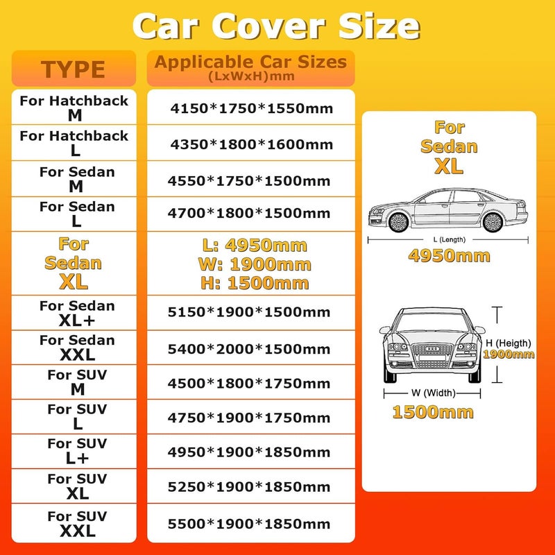 YSOAE Car Cover Waterproof, Hatchback/Sedan/SUV All Weather for Automobiles, Full Exterior Covers with Zipper Cotton, Outdoor Sun Snow Protection Universal (For Sedan XL) - Image 3