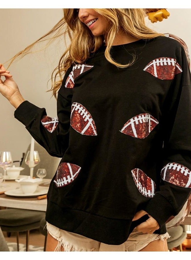 Joiemont Womens Football Sequin Embroidery Loose Fit Sweatshirt Casual Crewneck Pullover Long Sleeve Gameday Tops(0486-Black-S), Black, S - Image 5