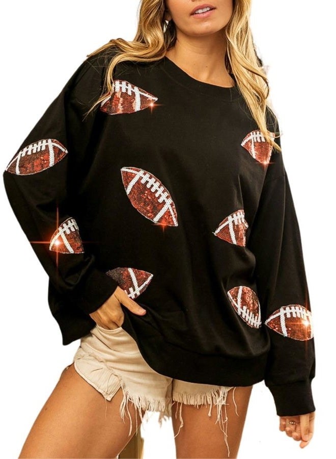 Joiemont Womens Football Sequin Embroidery Loose Fit Sweatshirt Casual Crewneck Pullover Long Sleeve Gameday Tops(0486-Black-S), Black, S - Image 1