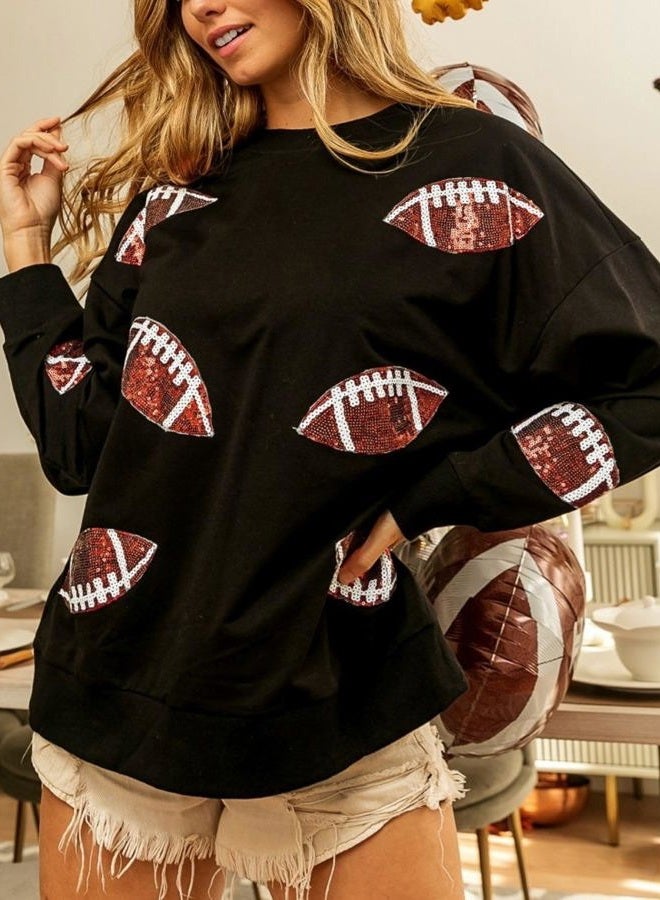 Joiemont Womens Football Sequin Embroidery Loose Fit Sweatshirt Casual Crewneck Pullover Long Sleeve Gameday Tops(0486-Black-S), Black, S - Image 3