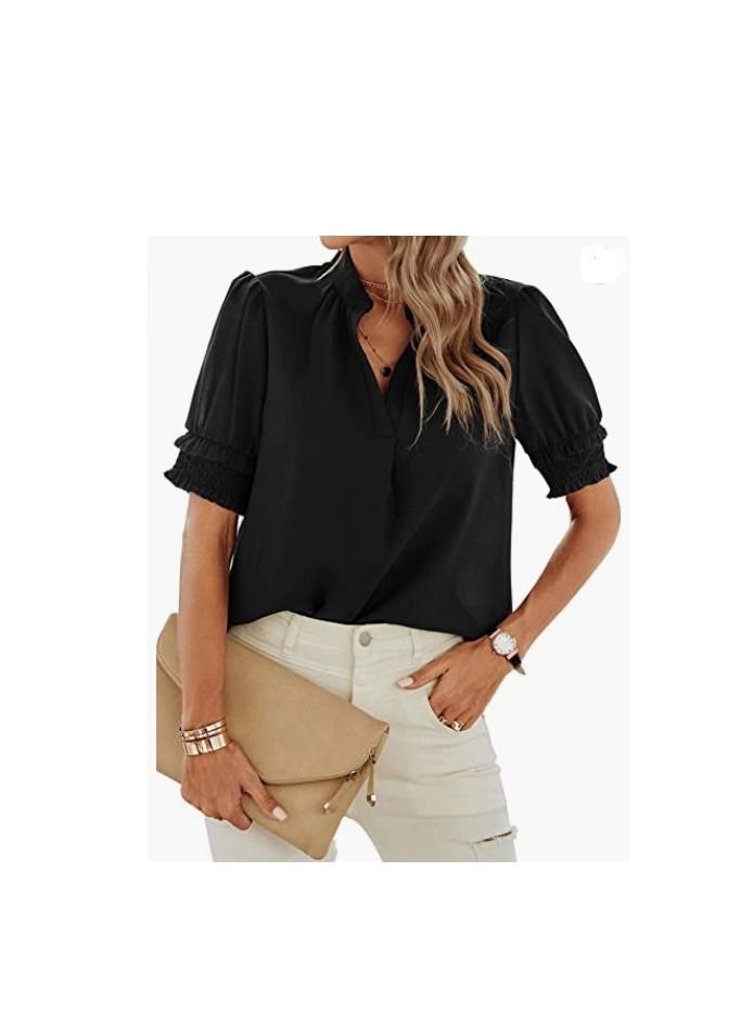 Loquat New V-Neck Casual Short Sleeve Solid Color Chiffon Shirt  - Image 1