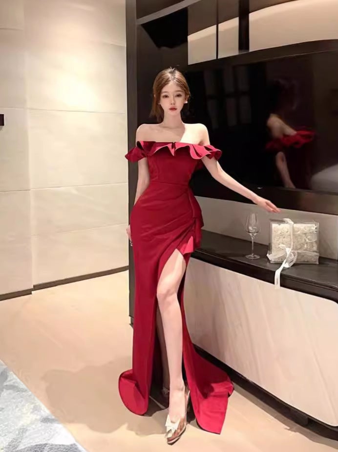 White Bride Evening Dress Host One Shoulder Ruffles Dress Fishtail Senior Quinceanera Slit Long Skirt - Image 4