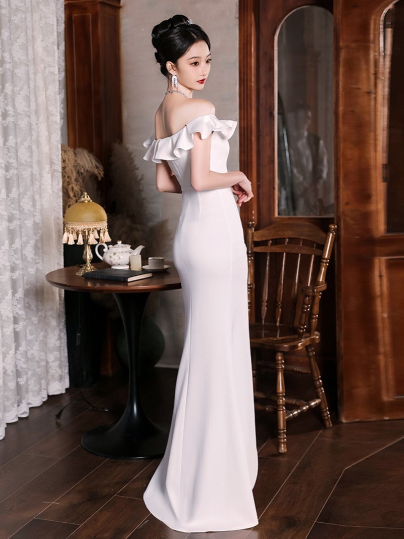 White Bride Evening Dress Host One Shoulder Ruffles Dress Fishtail Senior Quinceanera Slit Long Skirt - Image 5