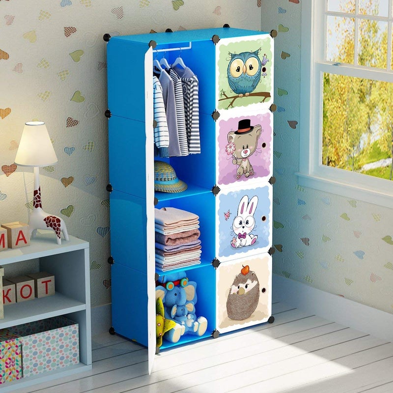 BRIAN  DANY Cartoon Clothes Closet Wardrobe DIY Modular Storage Organizer Sturdy and Safe for Children 6 Cubes  1 Hanging Sections Deeper Cubes than Normal 45 cm vs 35 cm Larger Capacity Blue
