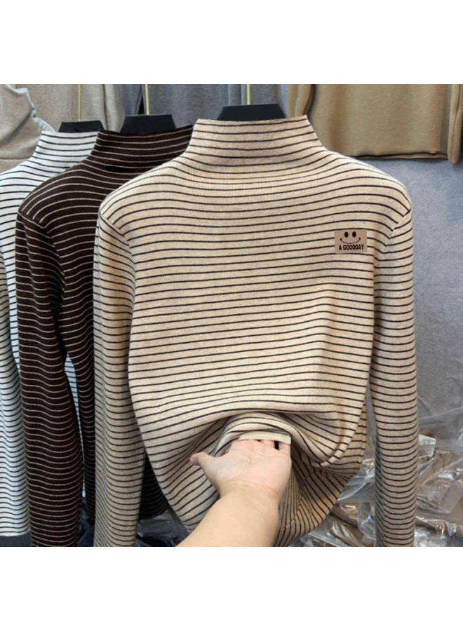 Boys And Girls German Velvet Inner Layering Shirt Autumn And Winter Medium And Large Kidsren's Half Turtleneck Long-sleeved T-shirt Stripesd Cartoon Top