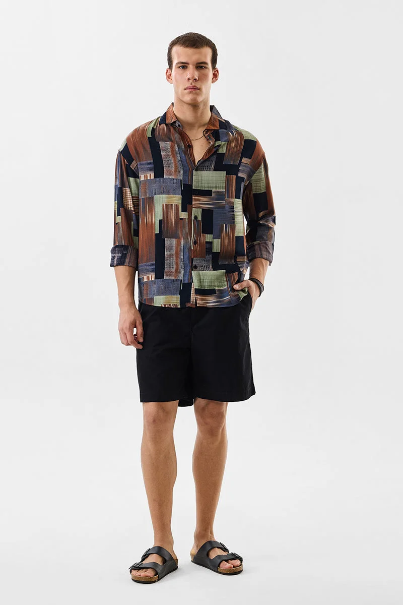 SNITCH Navy Geometric Long Sleeve Regular Fit Shirt