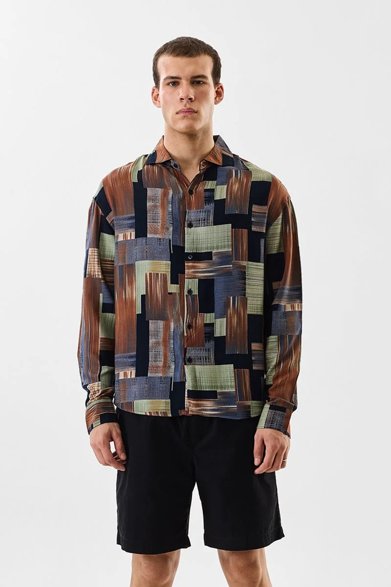 SNITCH Navy Geometric Long Sleeve Regular Fit Shirt