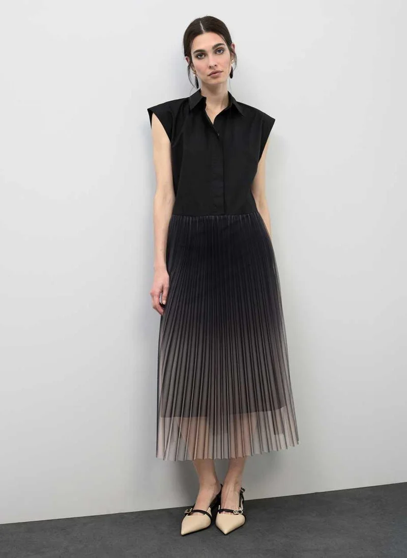 Lola Casademunt Shirt Collar Dress with Pleated Tulle Skirt