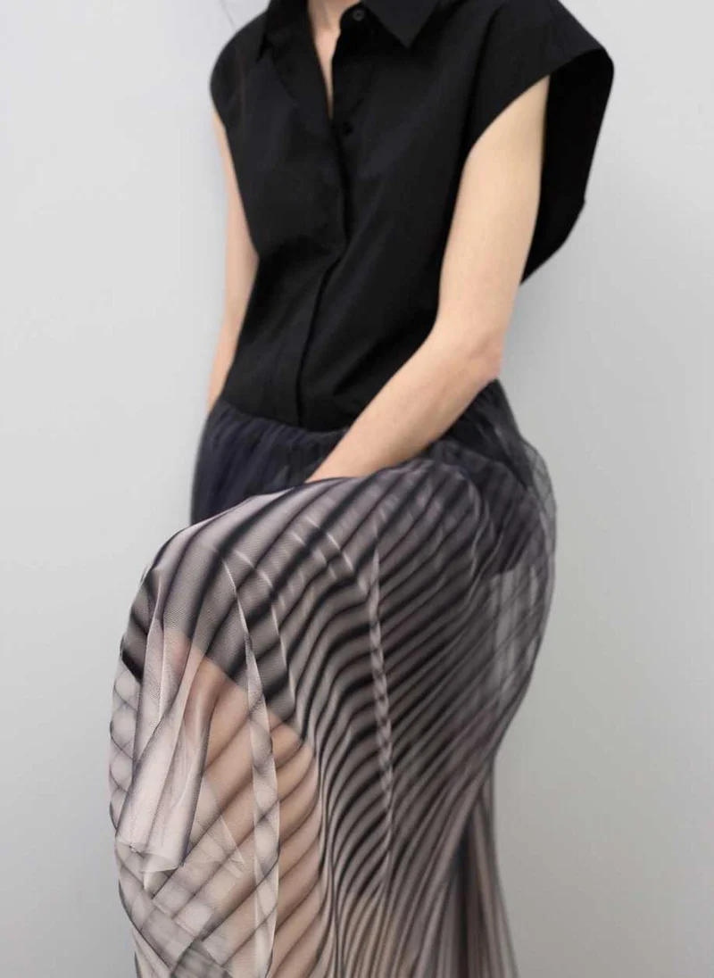 Lola Casademunt Shirt Collar Dress with Pleated Tulle Skirt