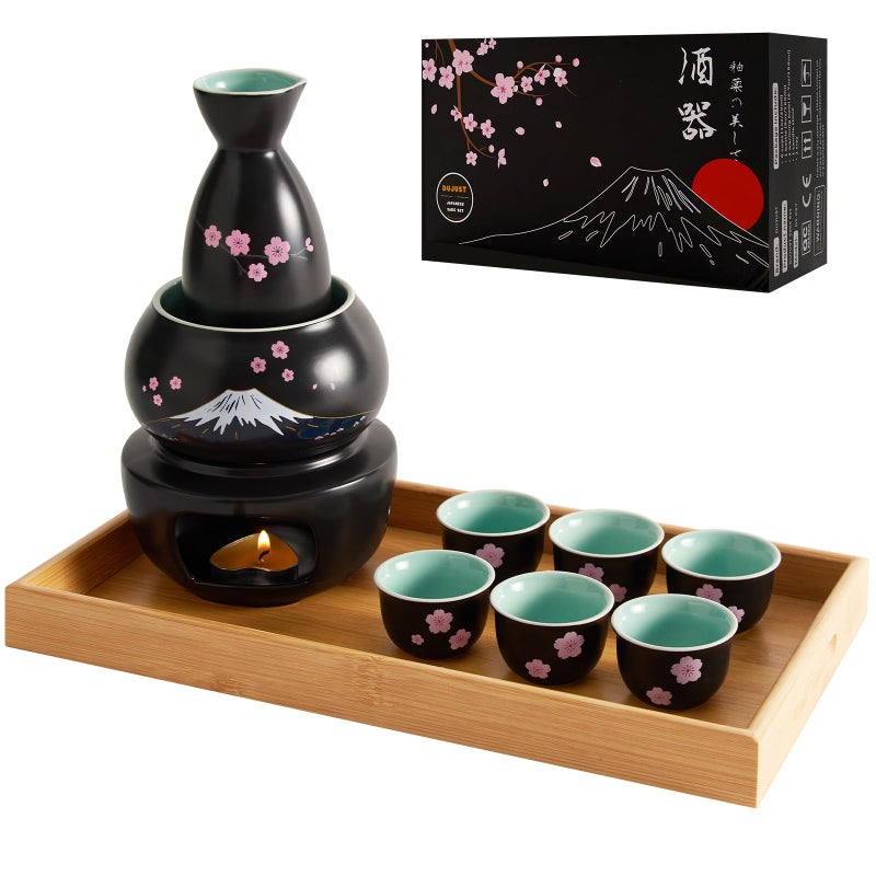 DUJUST 10 pcs Japanese Sake Set with Warmer for 6, Sakura & Fuji Design Porcelain Sake Set, 6 Sake Cups, 1 Bottle, 1 Warmer, 1 Candle Stove, 1 Tray & 1 Box, Warm Sake Carafe, Japanese Gifts - Black - Image 1