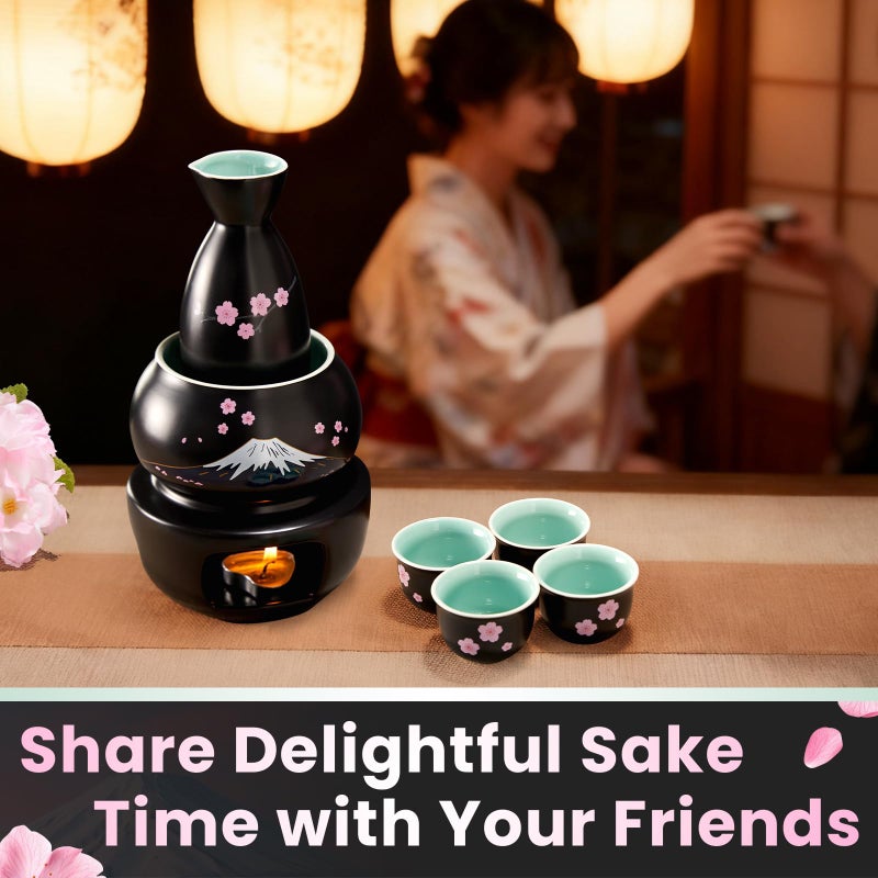 DUJUST 10 pcs Japanese Sake Set with Warmer for 6, Sakura & Fuji Design Porcelain Sake Set, 6 Sake Cups, 1 Bottle, 1 Warmer, 1 Candle Stove, 1 Tray & 1 Box, Warm Sake Carafe, Japanese Gifts - Black - Image 2