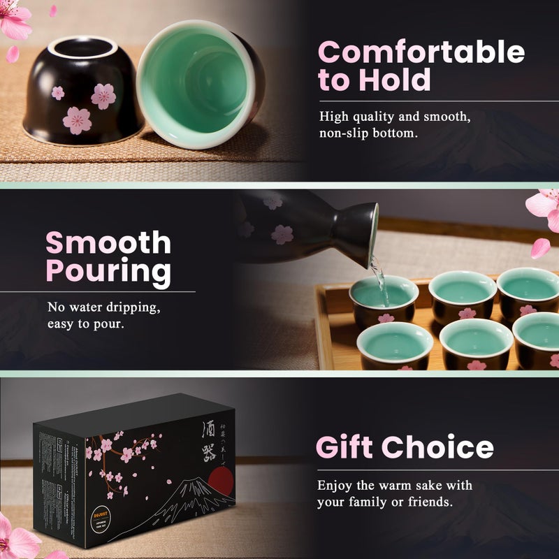 DUJUST 10 pcs Japanese Sake Set with Warmer for 6, Sakura & Fuji Design Porcelain Sake Set, 6 Sake Cups, 1 Bottle, 1 Warmer, 1 Candle Stove, 1 Tray & 1 Box, Warm Sake Carafe, Japanese Gifts - Black - Image 4