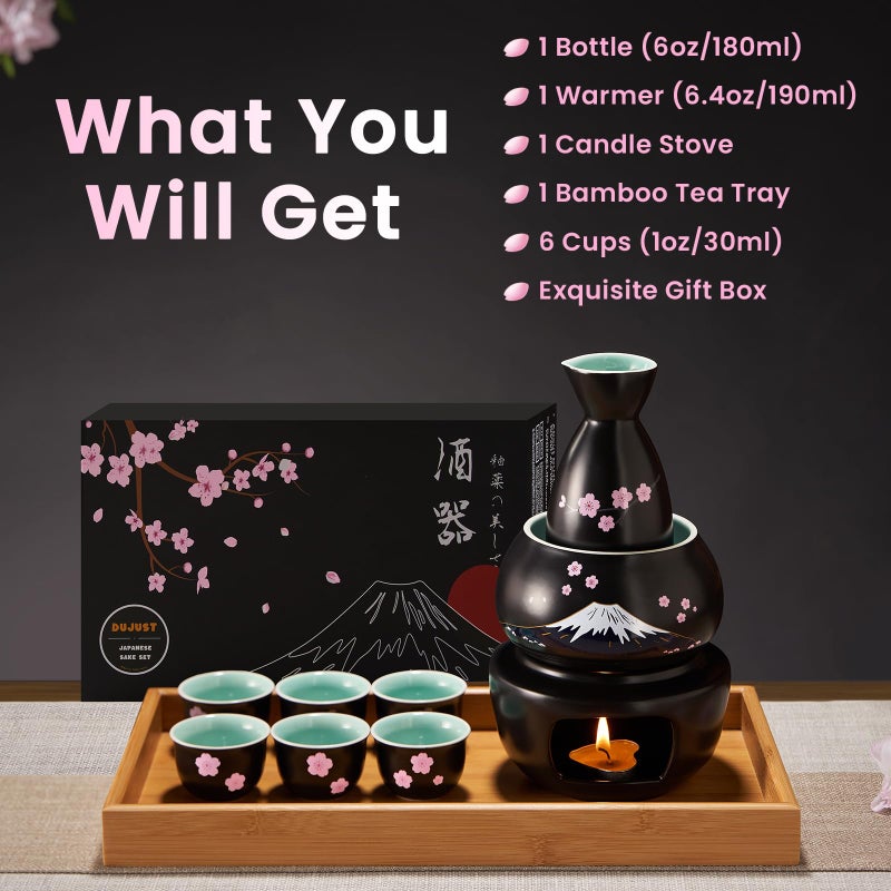 DUJUST 10 pcs Japanese Sake Set with Warmer for 6, Sakura & Fuji Design Porcelain Sake Set, 6 Sake Cups, 1 Bottle, 1 Warmer, 1 Candle Stove, 1 Tray & 1 Box, Warm Sake Carafe, Japanese Gifts - Black - Image 5