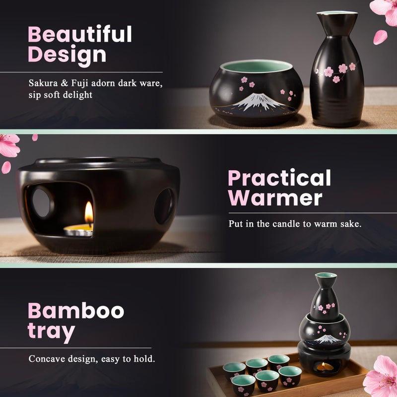 DUJUST 10 pcs Japanese Sake Set with Warmer for 6, Sakura & Fuji Design Porcelain Sake Set, 6 Sake Cups, 1 Bottle, 1 Warmer, 1 Candle Stove, 1 Tray & 1 Box, Warm Sake Carafe, Japanese Gifts - Black - Image 3