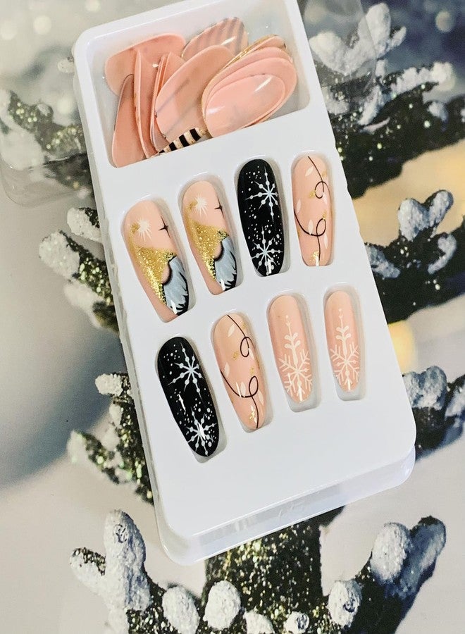 Vezocim Christmas Press on Almond Nails-24Pcs Black Artificial Fake Nails with Snowflake Tree Designs Winter Xmas Glossy Full Cover Medium Acrylic False Nails Glue Stick on Fingernails for Women - Image 5