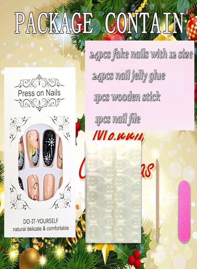 Vezocim Christmas Press on Almond Nails-24Pcs Black Artificial Fake Nails with Snowflake Tree Designs Winter Xmas Glossy Full Cover Medium Acrylic False Nails Glue Stick on Fingernails for Women - Image 4