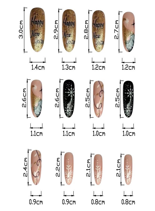 Vezocim Christmas Press on Almond Nails-24Pcs Black Artificial Fake Nails with Snowflake Tree Designs Winter Xmas Glossy Full Cover Medium Acrylic False Nails Glue Stick on Fingernails for Women - Image 3