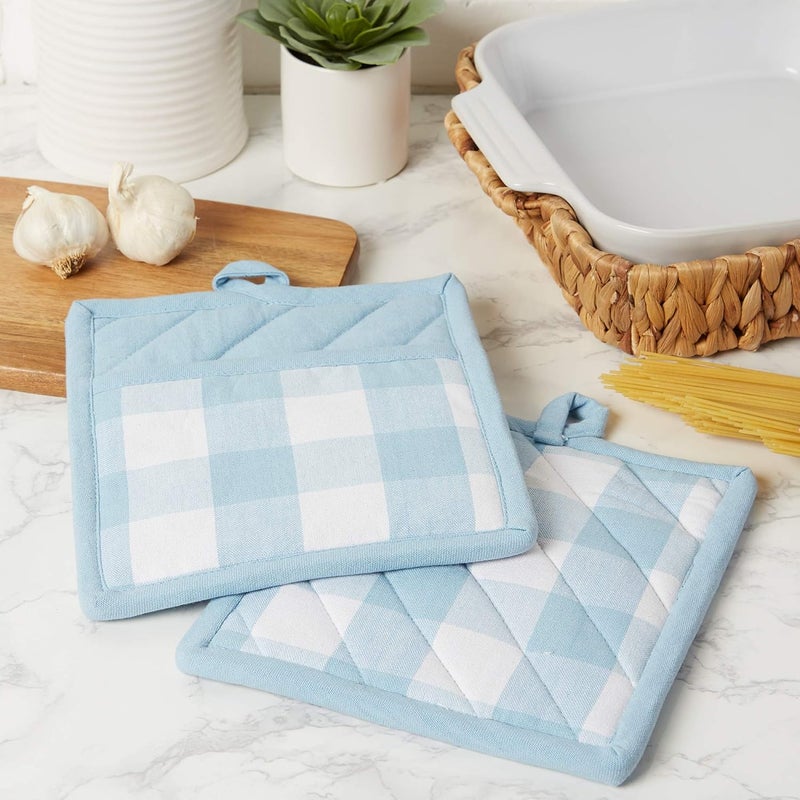 DII Buffalo Check Kitchen Collection Classic Farmhouse Kitchen Set Potholder White  Light Blue 2 Piece - Image 5