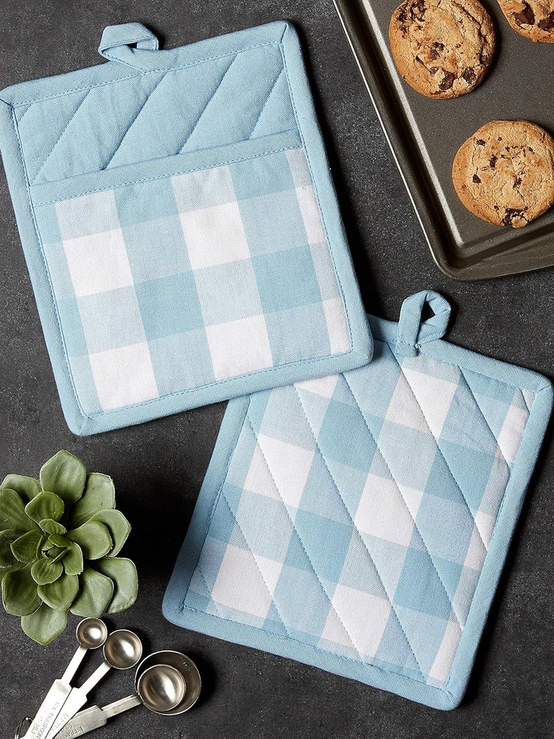 DII Buffalo Check Kitchen Collection Classic Farmhouse Kitchen Set Potholder White  Light Blue 2 Piece - Image 4
