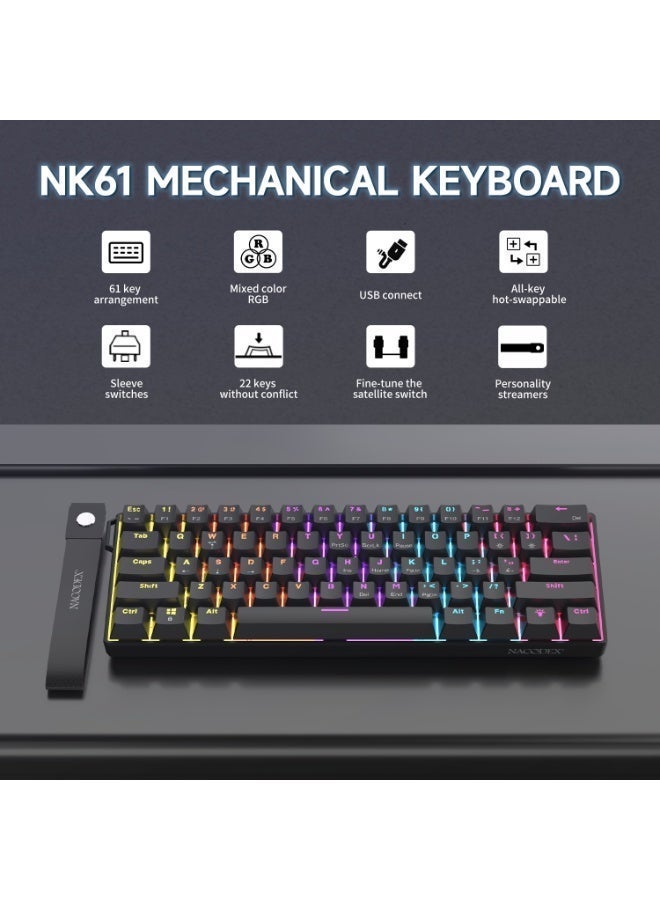 Nacodex NK61 Mechanical Keyboard, Gaming Keyboard, Red Switches, RGB Lighting Effects, USB-C Port, 61-Key Compact Design, Wired Keyboard, Black - Image 2