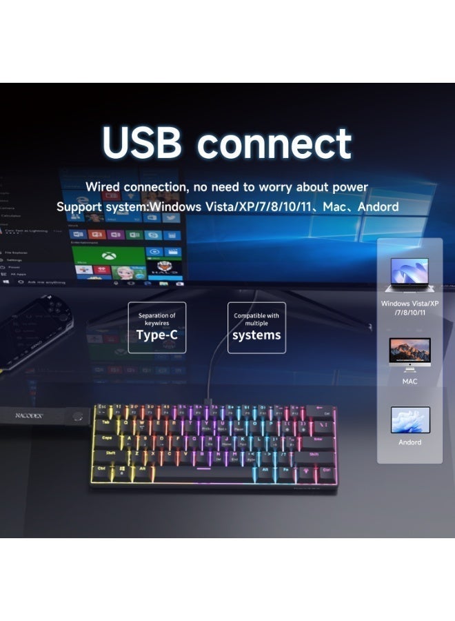Nacodex NK61 Mechanical Keyboard, Gaming Keyboard, Red Switches, RGB Lighting Effects, USB-C Port, 61-Key Compact Design, Wired Keyboard, Black - Image 4