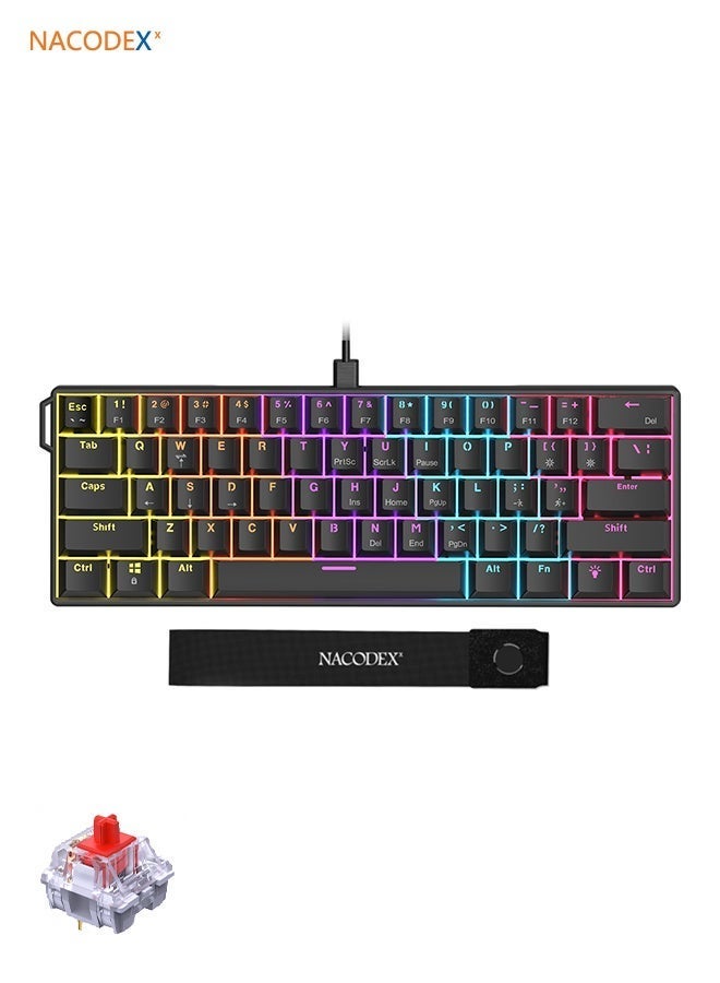 Nacodex NK61 Mechanical Keyboard, Gaming Keyboard, Red Switches, RGB Lighting Effects, USB-C Port, 61-Key Compact Design, Wired Keyboard, Black - Image 1