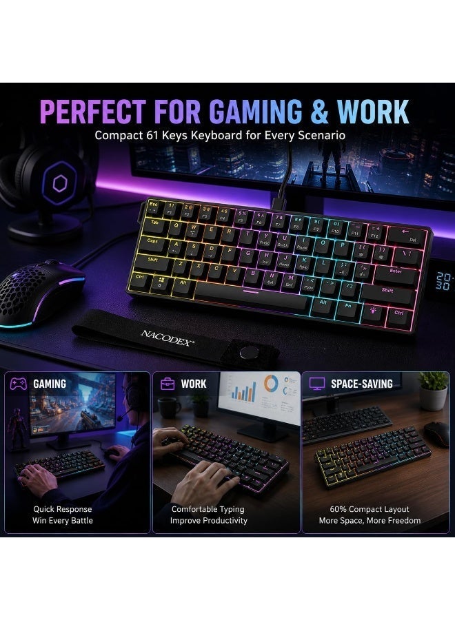 Nacodex NK61 Mechanical Keyboard, Gaming Keyboard, Red Switches, RGB Lighting Effects, USB-C Port, 61-Key Compact Design, Wired Keyboard, Black - Image 3