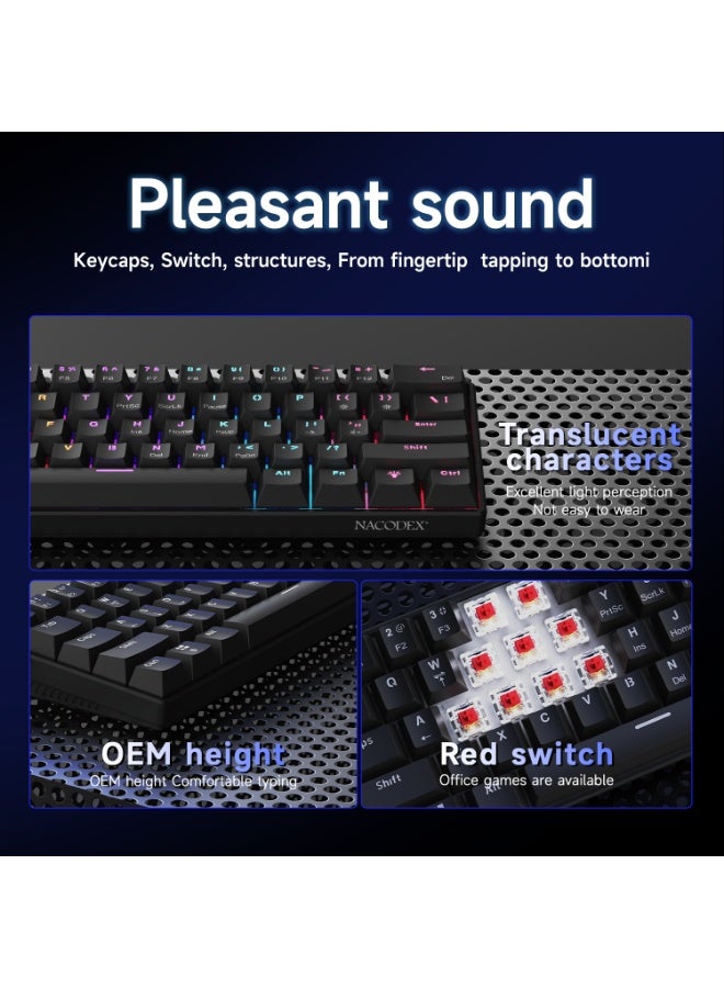 Nacodex NK61 Mechanical Keyboard, Gaming Keyboard, Red Switches, RGB Lighting Effects, USB-C Port, 61-Key Compact Design, Wired Keyboard, Black - Image 4