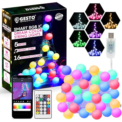 Gesto 5V Ball Shape Serial String Lights - USB Smart Music Sync Led Lights with Remote and App Control,RGB Color Changing Fairy Lights (5 Meter, 33 Led,Multicolor) - Image 1