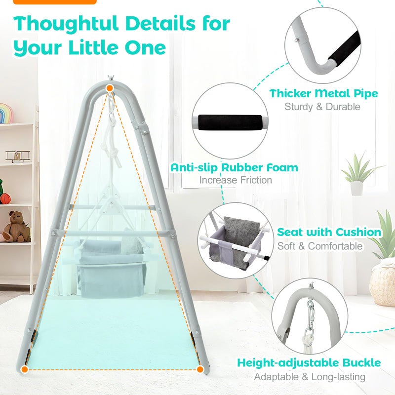 FUNLIO U-Shape Swing Set for Toddlers 6-36 Months, Heavy Duty Metal Frame with 2 Sandbags & 4 Anti-Slip Pads, Easy to Assemble & Store, Foldable & Portable Toddler Swing for Indoor/Outdoor-Gray - Image 4